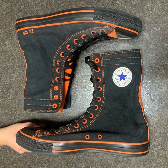 Converse Extra Tall High Top Calf Lace Up Boot Canvas Black Orange
